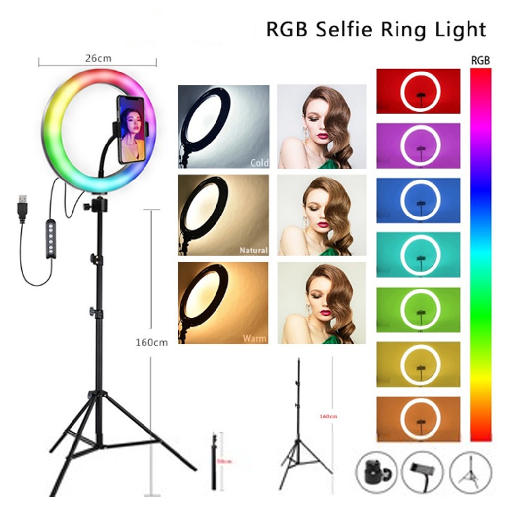 RGB Light 10 inch Selfie Ring Light with 76 inch Tripod Stand & 3 CELL PHONE Holders for Live Stream